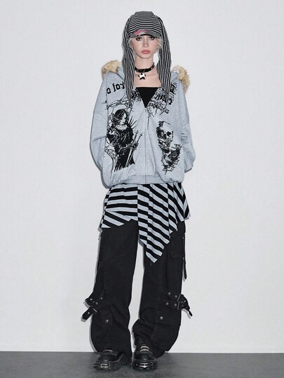 sweat-shirt à capuche en polaire texte sombre crâne délavé pour Halloween