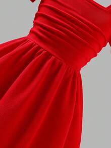 女孩优雅纹理面料方领泡泡袖串珠针织连衣裙，红色，适合正式场合、会议、派对、舞会、休闲装，春夏秋冬新款，适合圣诞派对、聚会 - 紅色 - 查看 5