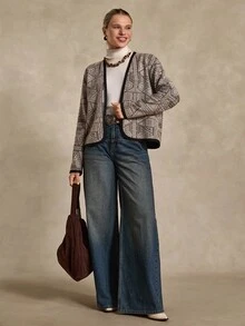 Bóhologie Geometrisch gemusterte Jacke mit schwarzem Saum, leichte Strickware, elegante und vielseitige Westernkleidung - Verschiedenfarbig - Übersicht 5
