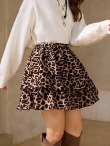 Wildy Fall Chic Skirt Women's Casual Brown Ruffle Hem Mini White Skirt Animal Print Skirt Leopard Print Skirt Cute Skirts For Women Tiered Skirt Cheetah Print
Skirt - Black - View 3