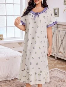 CottageSlumber Robe de nuit à fleurs avec volants de contraste pour femmes grandes tailles, col rond, manches courtes. Robe de nuit fleurie avec volants, robe de nuit d'été pour femmes
