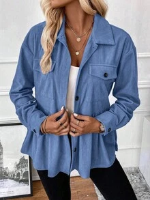 SHEIN LUNE Casual Solid Color Corduroy Regular Jacket, Autumn - Blue - View 6