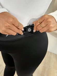 SHEIN Maternity Casual Solid Color Adjustable Waist Thermal Lined Warm Leggings, Winter - Black - View 6