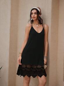 Wildy Váy ngắn màu mơ kiểu BOHO mùa hè, phong cách đồng quê Mỹ, áo hai dây ren phối màu, váy slip đen, váy viền ren đen, váy hai dây đen, váy hè đen, váy maxi đen, trang phục thường ngày cho nữ. - màu đen - Xem 4