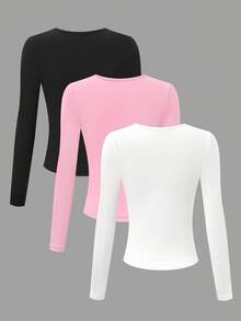 Girls V-Neck Button Long Sleeve T-Shirt, Korean Style Slim Fit Casual Tee, Spring/Autumn Fall Winter - Multicolor - View 2