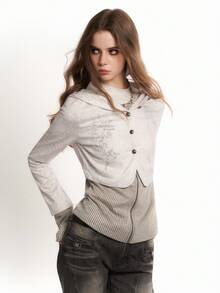 Bloopia Korean Style Casual Lazy Personalized Rejuvenating Women's Autumn/Winter Halloween New Thorn Rhinestone Print Knit Patchwork Zipper 2 In 1 Slim Fit Long Sleeve Hooded Cardigan - White - View 1