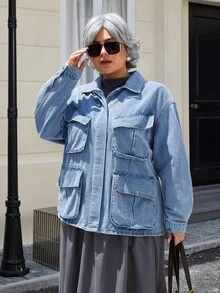 EMERY ROSE Plus Size Women's Fashion Multi-Pocket Denim Jacket - Light Wash - View 6