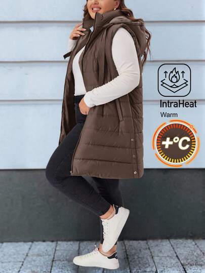 EMERY ROSE Plus Size Plain Hooded Padded Vest Jacket With Pockets/ Winter