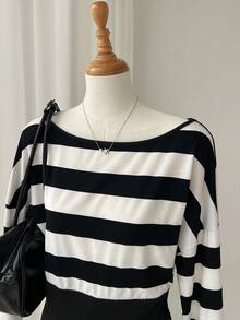 Comfortcana Women's Striped Round Neck Drop Shoulder Long Sleeve Casual Waist Fitted T-Shirt - Black - View 4