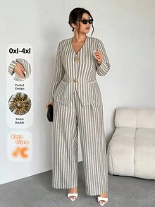 Firerie 大码女式两件套条纹西装、休闲通勤度假装、仿亚麻条纹阔腿裤套装、学校/返校服、乡村音乐会服装、复古风格、教师服装、秋季时尚、乡村音乐节、斯德哥尔摩风格衬衫和裤子套装裤装夏季套装 2 件套休闲套装女式条纹裤套装裤装/金属纽扣装饰西装外套/带口袋、腰部和 A 字型、优雅通勤、办公室女士服装、大码两件套西装 - 彩色 - 查看 10