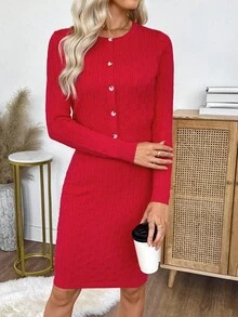 Bộ 2 món váy yếm trơn màu thanh lịch và áo khoác cardigan dành cho nữ - Đỏ - Xem 4