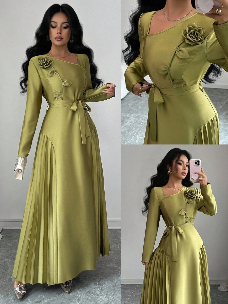 Selianne 女士优雅橄榄绿色连衣裙，斜领，褶皱紧身胸衣，系带腰部和 A 字裙，长袖，适合万圣节、圣诞节、感恩节、新年派对 - 綠色 - 查看 1