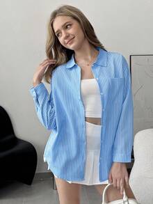 Teen Girl Casual Commute Daily Striped Long Sleeve Shirt