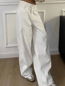 Dazy Tall Women's Pocket Design Casual Loose Straight-Leg White Jeans - White - View 10