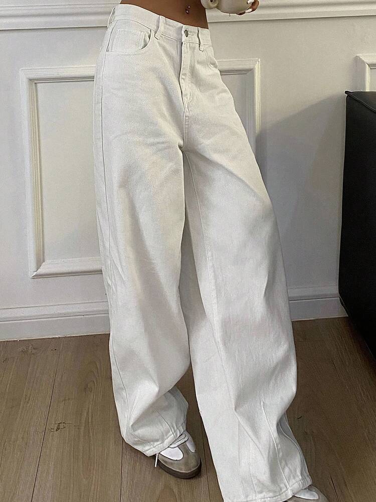Women's Pocket Design Casual Loose Straight-Leg White Jeans