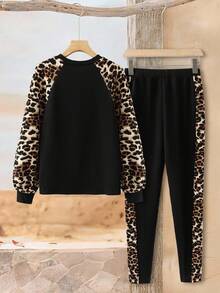 Rusticease 2 件套女士冬季新款街头豹纹拼布圆领长袖运动衫和紧身裤休闲套装女士运动套装 - 黑色 - 查看 2