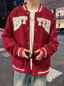 Claim Dot 宽松版型男式字母图案条纹落肩棒球夹克灯芯绒字母街头风夹克，秋冬，垃圾摇滚 - 紅色 - 查看 6