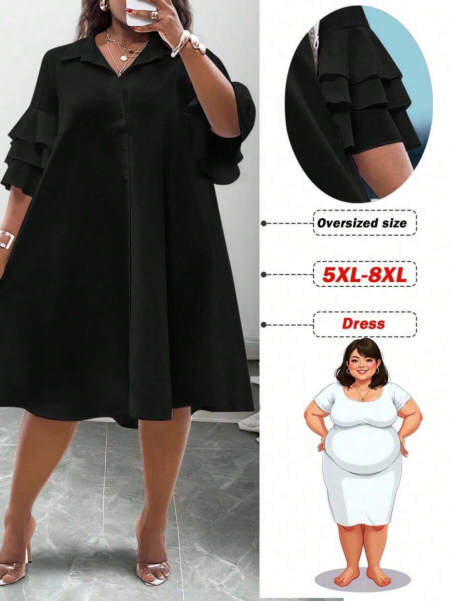 SHEIN CURVE+ Bộ sưu tập trang phục nữ mới năm 2025 - Rave, Lễ Phục sinh, Phong cách Old Money, Hòa nhạc đồng quê, Đi chơi, Fairycore, Lễ hội, Kỳ nghỉ nhiệt đới, Phù hợp cho mùa xuân/hè, Trang phục mùa hè, Rave, Mùa hè châu Âu, Mùa xuân, Trang phục phương Tây Plus, Hòa nhạc, Tốt nghiệp, Đa năng cho việc đi lại hàng ngày, Trang phục công sở thường ngày, Trang phục đi biển tối giản thường ngày - Áo sơ mi tay bèo nhún nhiều lớp, Đầm midi viền bất đối xứng, Đường cong Plus, Váy boho đi nghỉ có tay cỡ lớn 8xl Quần áo nữ Váy bèo nhún cỡ lớn 5xl cỡ lớn Plus Size - màu đen - Xem 1