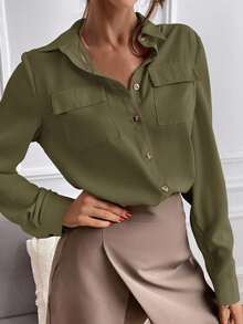 EMERY ROSE Plain Front Button Pocket Casual Long Sleeve Shirt - Army Green - View 3