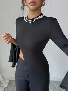 SHEIN Clasi 2pcs Women Black And White,Summer,Elegant,Party Night Mock Neck Flare Sleeve Asymmetrical Knit Sweater Top & Straight Leg Pants Set For Daily Outings - Black - View 3