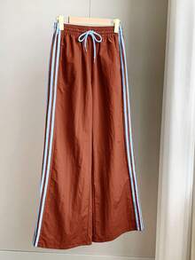 Comfortcana 女士时尚休闲红棕色侧条纹松紧腰宽松运动裤 - 紅木色 - 查看 4