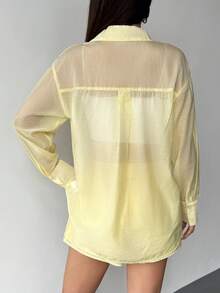 Flirla 女士新款休闲日常装两件套，百搭长袖纽扣衬衫和松紧腰宽松短裤 - 黃色 - 查看 3