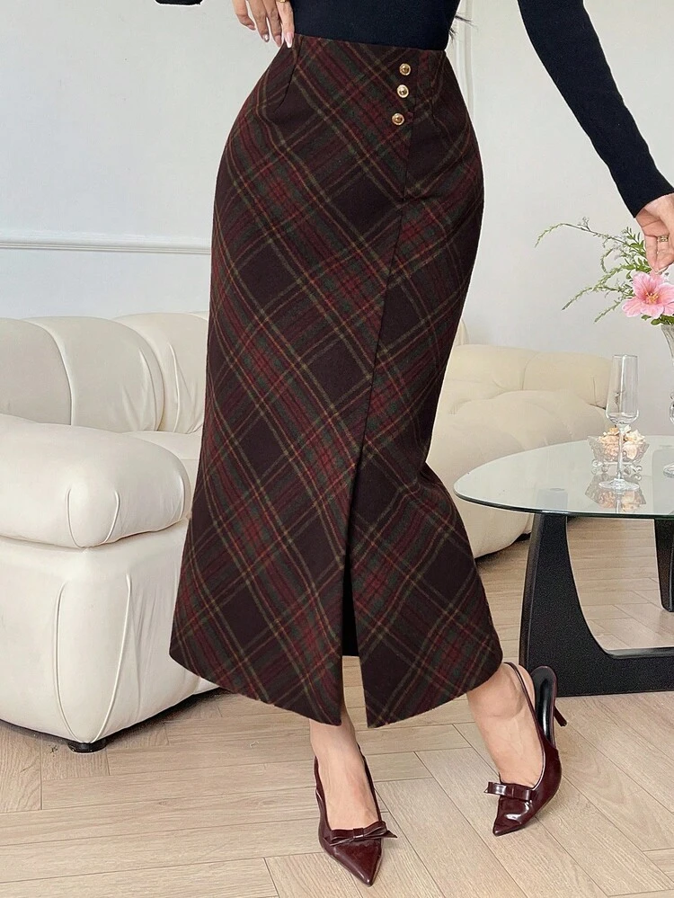 Women's Elegant Plaid Skirt For Commuting, Autumn/Winter