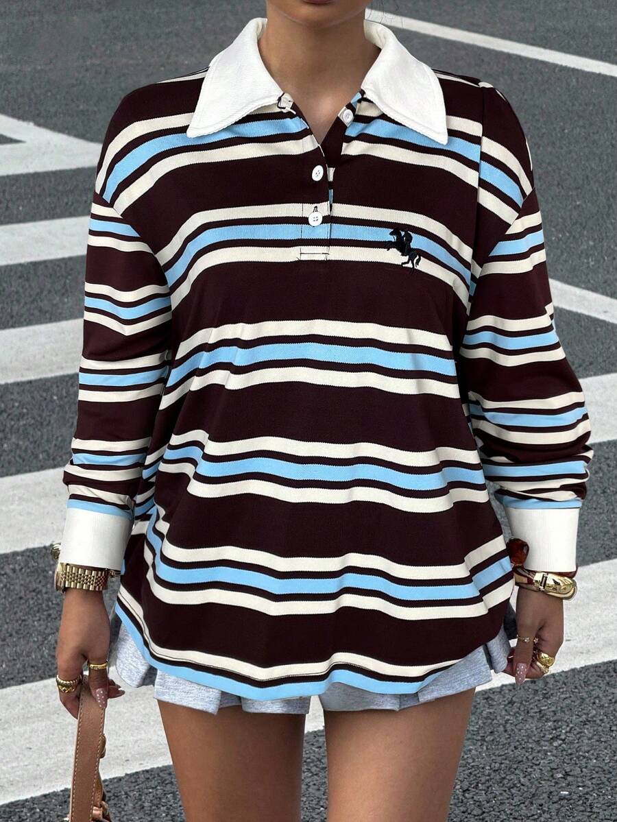 Muchica Áo thun tay dài cổ polo dáng rộng thoải mái dành cho nữ - Nhiều màu - Xem 1