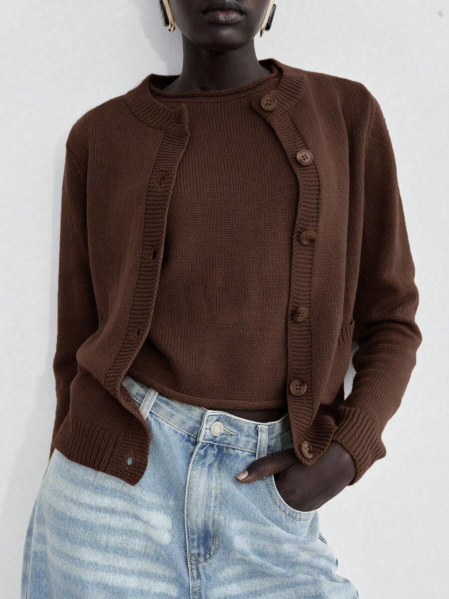 Lumivelle 2 件针织长袖开衫和无袖针织背心套装，百搭 - 棕色 - 查看 1