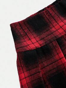 SHEIN Girlism 少女秋季校园风校园装，黑色立领针织毛衣长袖 T 恤和红色格子百褶裙两件套，适合圣诞节、秋冬分层穿着、返校季 - 紅色 - 查看 8