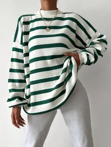 SHEIN Cottnline Plus Size Women Casual Corset Baggy Traditional Solid Color Round Neck Blue White Stripe Sweater Long Sleeve Top Formal Vacation Fall Evening - White - View 4