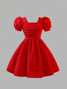 女孩优雅纹理面料方领泡泡袖串珠针织连衣裙，红色，适合正式场合、会议、派对、舞会、休闲装，春夏秋冬新款，适合圣诞派对、聚会 - 紅色 - 查看 1