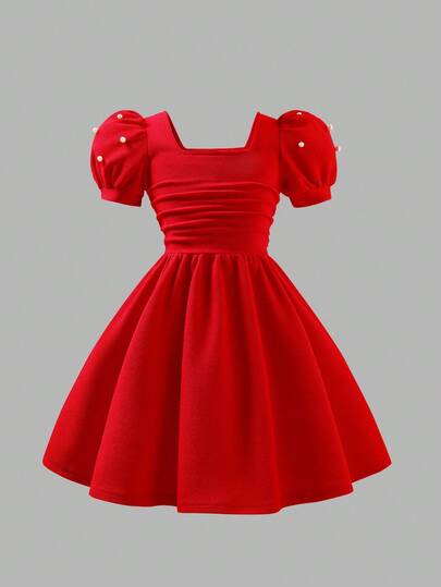 女孩优雅纹理面料方领泡泡袖串珠针织连衣裙，红色，适合正式场合、会议、派对、舞会、休闲装，春夏秋冬新款，适合圣诞派对、聚会