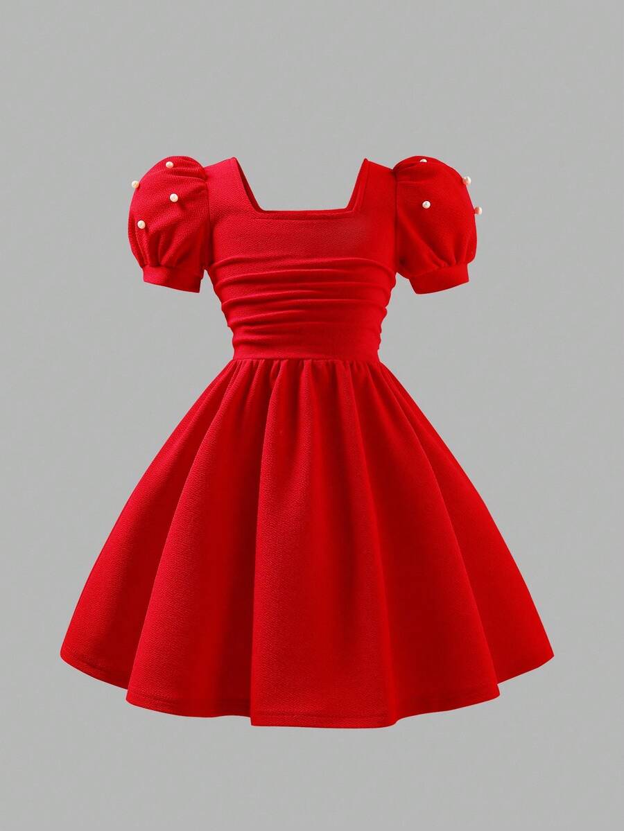 女孩优雅纹理面料方领泡泡袖串珠针织连衣裙，红色，适合正式场合、会议、派对、舞会、休闲装，春夏秋冬新款，适合圣诞派对、聚会 - 紅色 - 查看 1