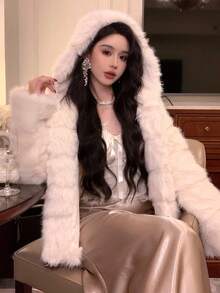 DAZY 女士优雅长袖连帽保暖仿皮草大衣，秋冬夹克 - 杏色 - 查看 1