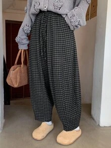 FRIFUL Women's Plaid Harem Carrot Ankle-Length Pants - Grey - View 5