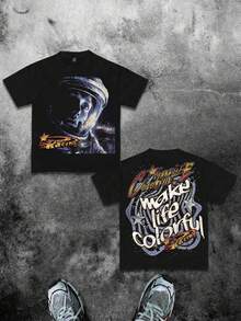 SHEIN Espacio, Universo, Colección elegida por niños, Básico de todos los días, Niños felices, Colores pastel para niños, Estilo biker, Viaje en familia, Días felices, Amo a mamá, Amo a papá, Hogar encantador, Niños geniales, Camiseta de manga corta y cuello redondo minimalista casual para niños preadolescentes, Adecuada para el verano - Negro - Ver 1