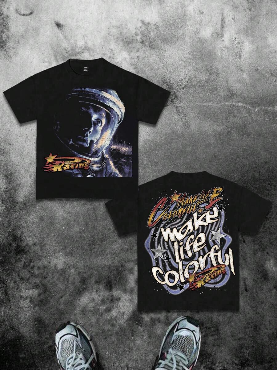 SHEIN Espacio, Universo, Colección elegida por niños, Básico de todos los días, Niños felices, Colores pastel para niños, Estilo biker, Viaje en familia, Días felices, Amo a mamá, Amo a papá, Hogar encantador, Niños geniales, Camiseta de manga corta y cuello redondo minimalista casual para niños preadolescentes, Adecuada para el verano - Negro - Ver 1