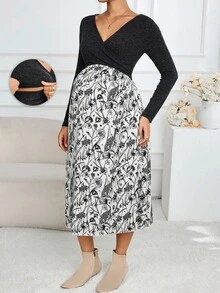 SHEIN 哺乳裹身长袖撞色全印花休闲连衣裙 - 彩色 - 查看 6