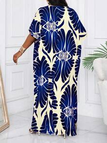 SHEIN Lady CURVE Plus Size Elegant Floral Full Print Batwing Sleeve Dress,Beach Dress Sundress,Holiday Outfits Boho Long Dress Vacation Printed Waist Lantern Sleeve Blue Dress Flowy Dress - Multicolor - View 2