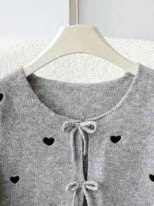 SHEIN Tween Girls' Loose Casual Minimalist Comfortable Round Neck Long Sleeve Tie Bow Heart Cardigan, Back To School Season Fall Winter - Light Grey - View 5