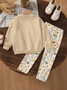 2 件套可爱甜美年轻女孩休闲花卉印花针织柔软圆领长袖运动衫和紧身裤套装，适合秋冬季，舒适时尚的休闲装，非常适合返校、户外野餐、街头摄影、居家、校园、节日、礼物