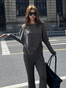 DAZY مجموعة ملابس علوية كنزة فضفاضة بأكمام خفاش وبنطلون واسع 2 قطعة، خريفية - رمادي - مشاهدة 5