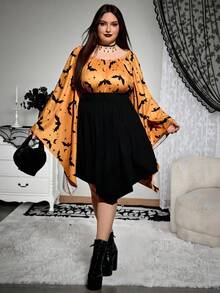 SHEIN CURVE+ Váy tay loe in hình dơi cỡ lớn dành cho nữ, Đầm Halloween/Mùa thu/Mùa đông - Nhiều màu - Xem 5