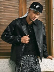 AXEPEAK Men's Casual Loose Fit Streetwear Leather Jacket With Backside Letter Graphic, Fall Winter - Black - View 1