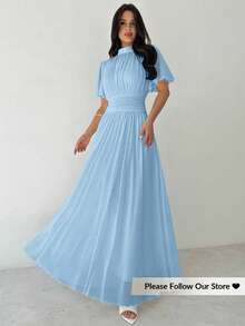Firerie Women's Elegant Romantic Elegant Daily Commute Beach Vacation Stand Collar Pleated High Waist A-Line Flare Sleeve White Dress Blue - Baby Blue - View 3