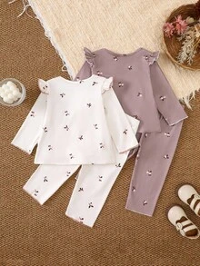 SHEIN 2 件婴儿/幼儿女孩花卉长袖上衣和裤子套装，带荷叶边领，秋冬