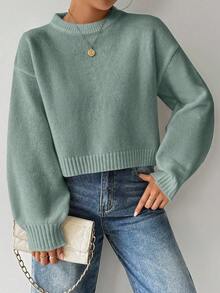 EMERY ROSE Women's Solid Color Simple Casual Crew Neck Long Sleeve White Sweater - Mint Green - View 4