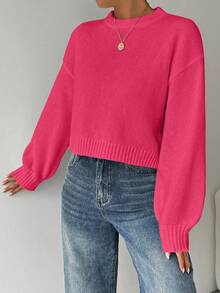 EMERY ROSE 女士纯色简约休闲圆领长袖白色毛衣 - 玫紅色 - 查看 5