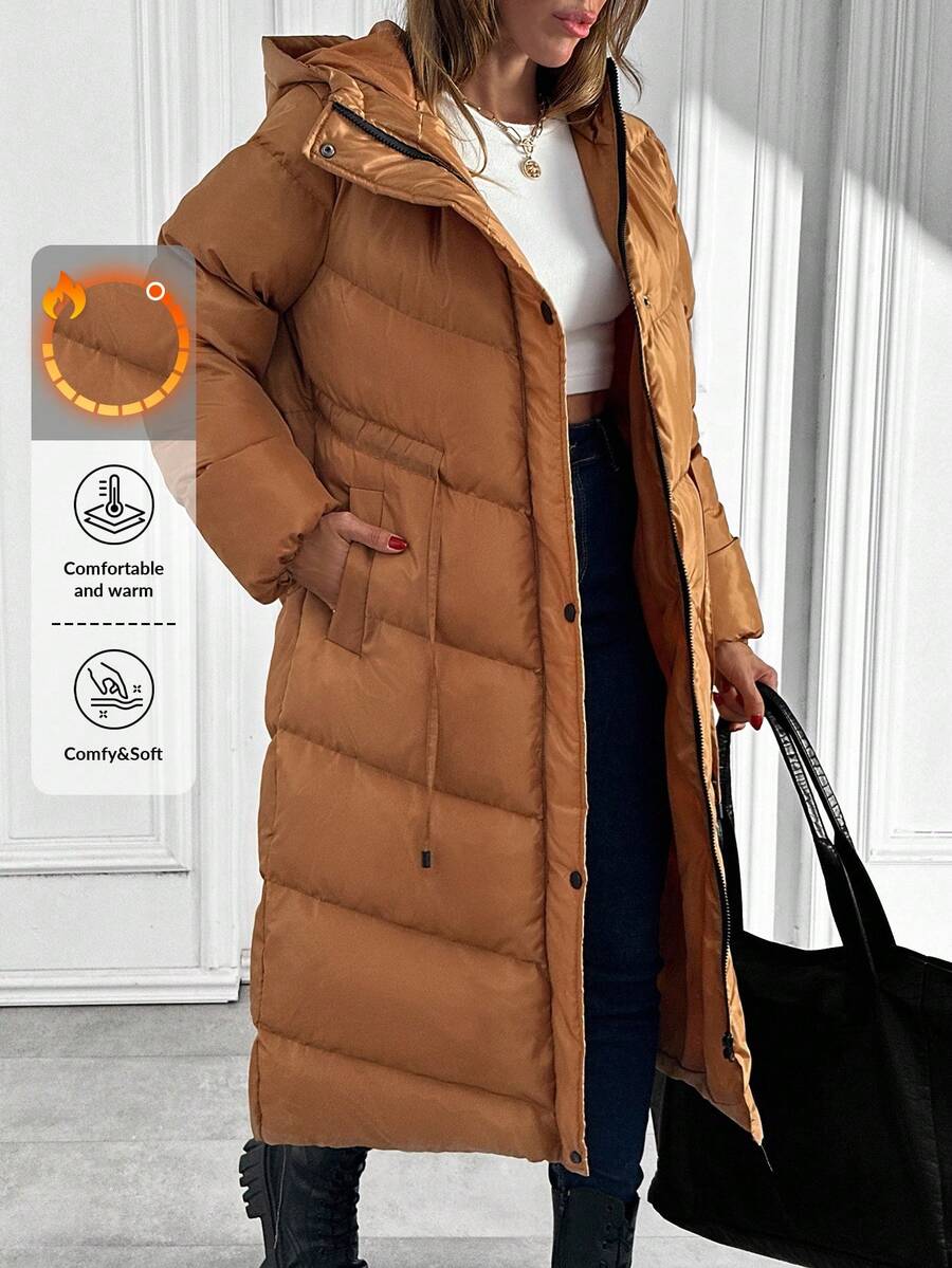 EURMUSE 女士纯色加厚前拉链按扣拉链口袋中长款冬季外套冬季夹克休闲 - 駝色 - 查看 1